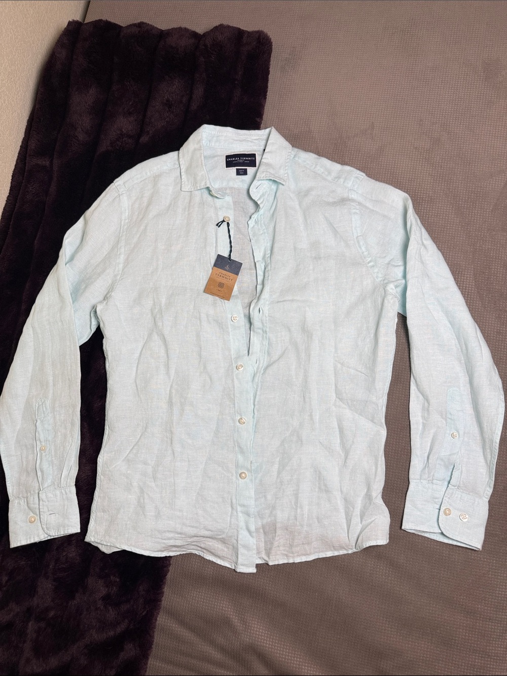 Charles Tyrwhitt Aqua Green Pure Linen Slim Fit Shirt Sz S